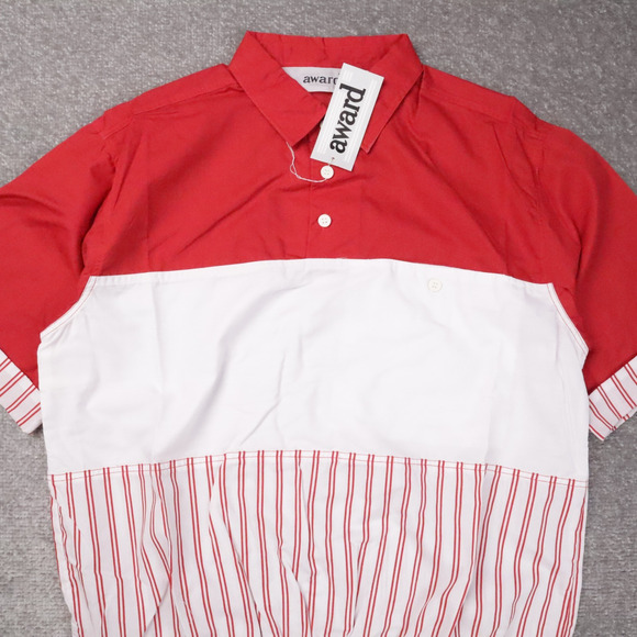 VTG 80s 90s Award Deadstock Medium Red White Striped Short Sleeve Collared Shirt - Picture 6 of 9